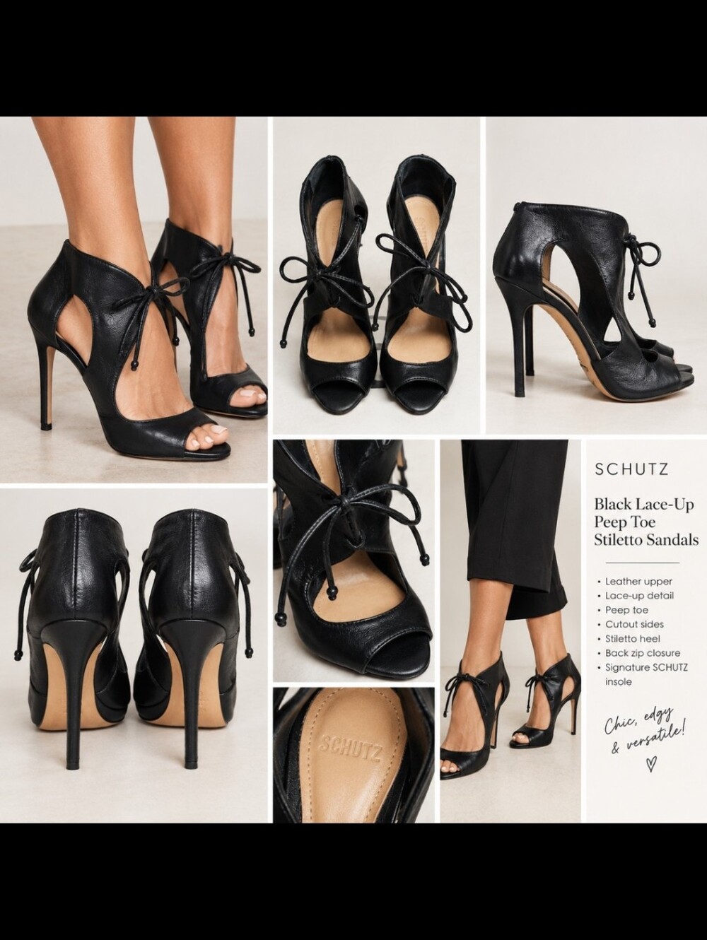 SCHUTZ Black Lace-Up Peep Toe Stiletto Sandals